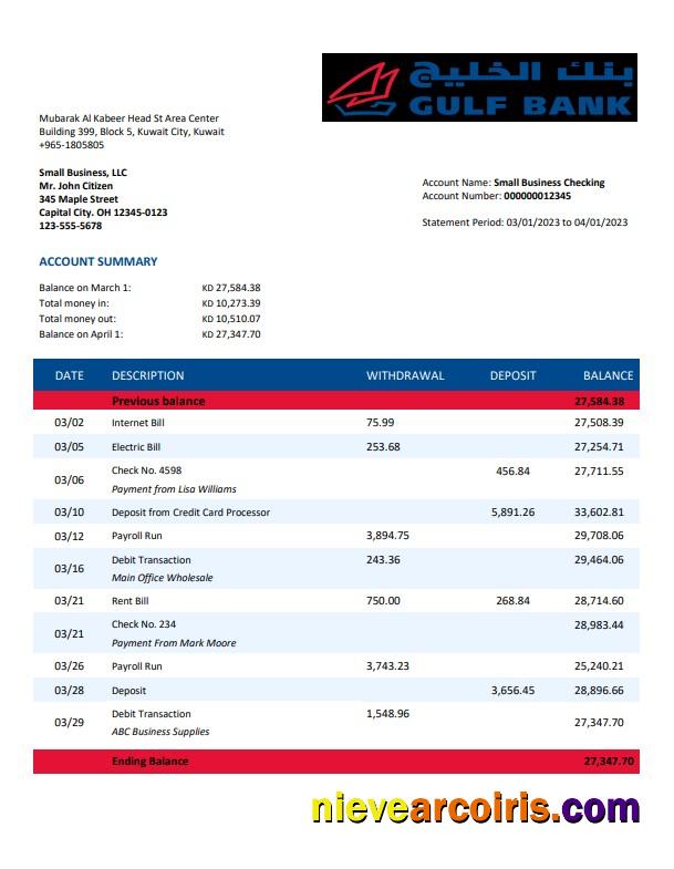 Gulf Bank company account statement